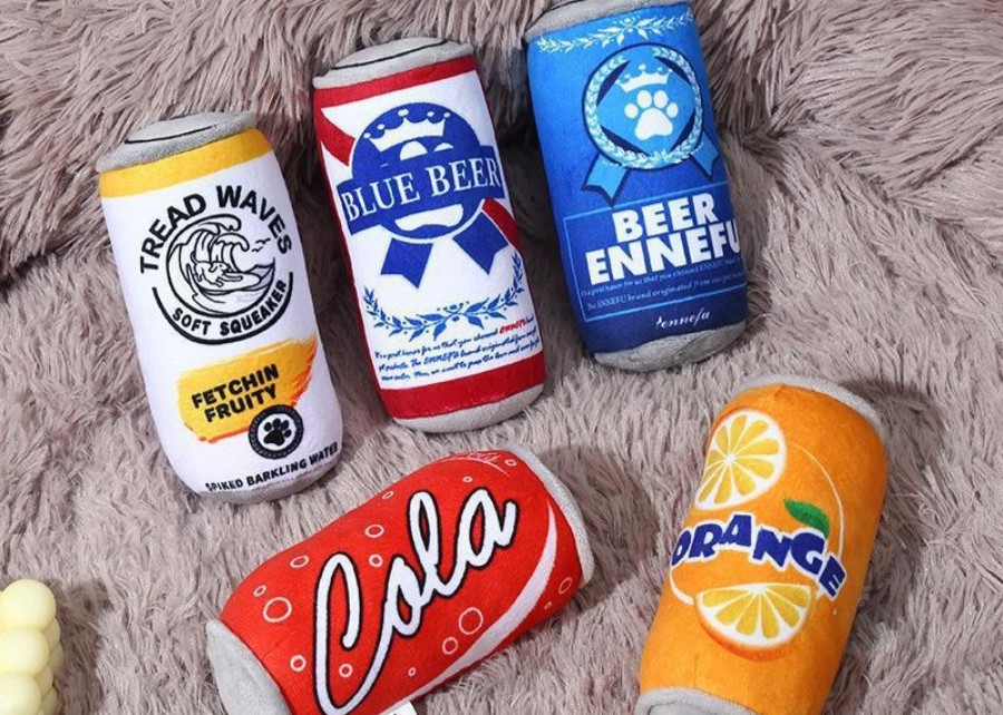 a collection of private label dog toys with various brand logos