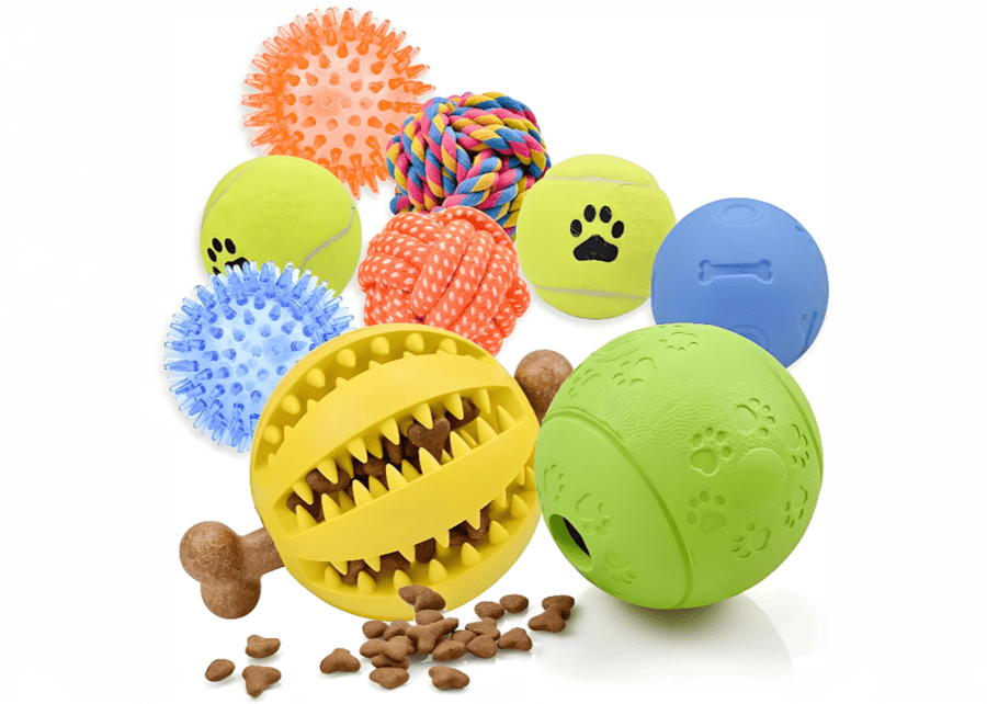 A collection of different sized and colored dog ball toys