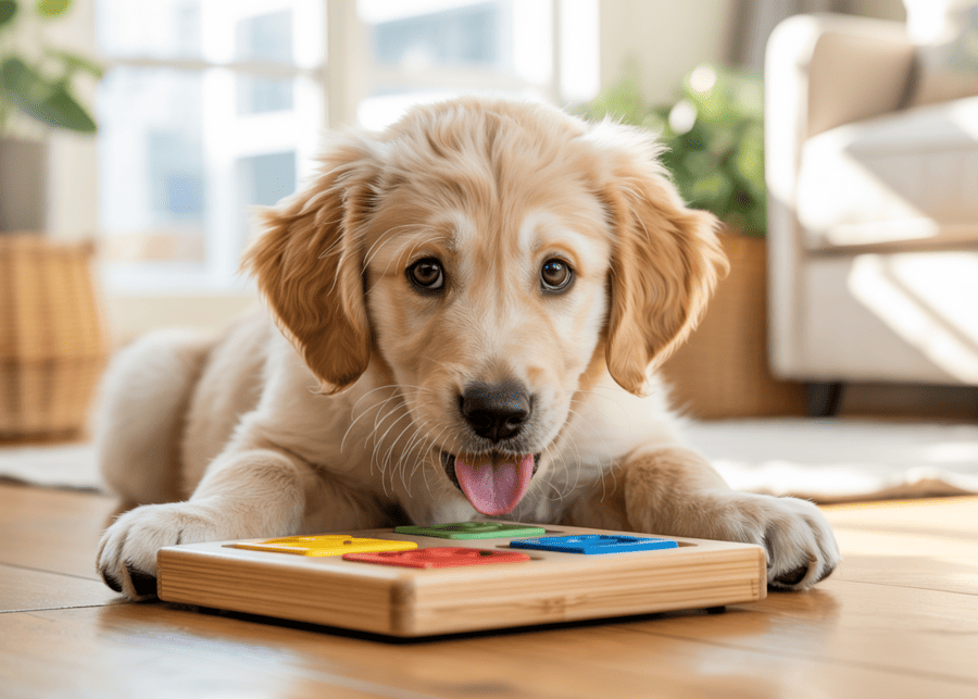 A dog playing with an interactive puzzle toy.