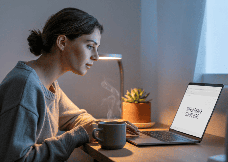 A person researching wholesale suppliers on a laptop.