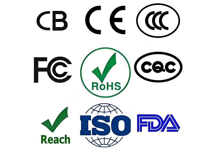 A collection of safety certification logos like CE, FDA, and BSCI