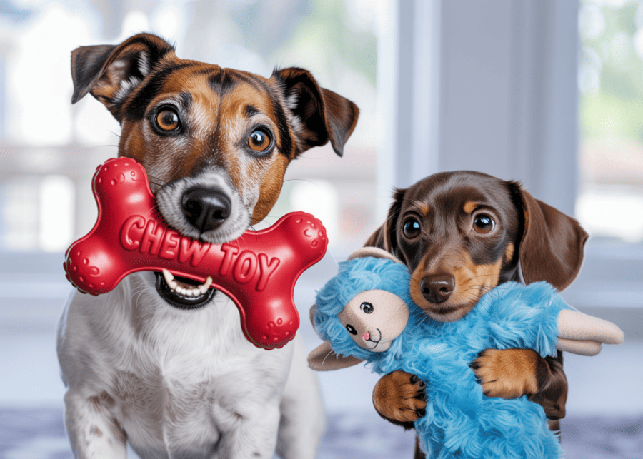 A small dog with a small plush toy and a large dog with a tough rubber toy side-by-side.