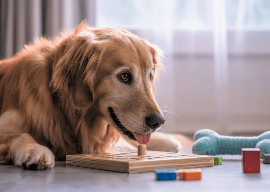 A dog intently focused on a puzzle toy