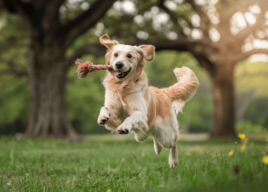 A happy dog playing with a colorful rope toy in a sunny park.