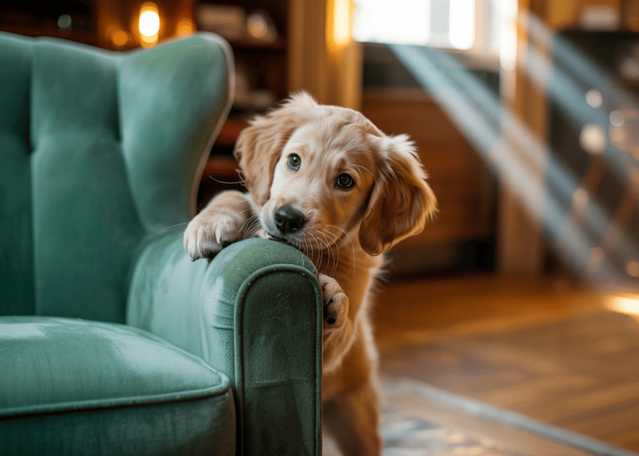A dog chewing on a piece of furniture