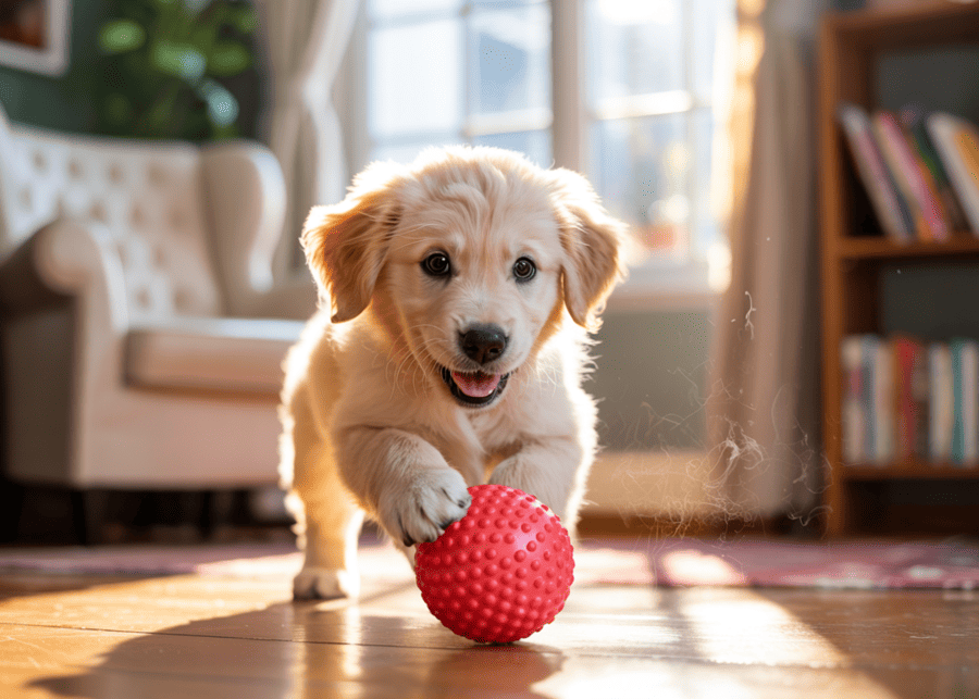 A happy dog playing independently with a toy in a living room