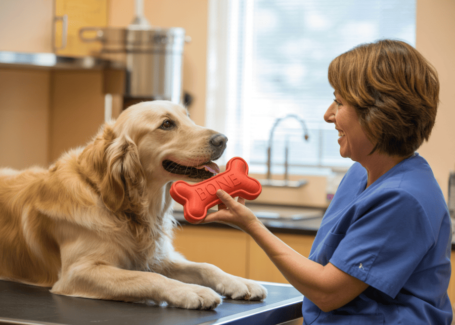 A veterinarian holding a safe, durable rubber dog toy while examining a dog.