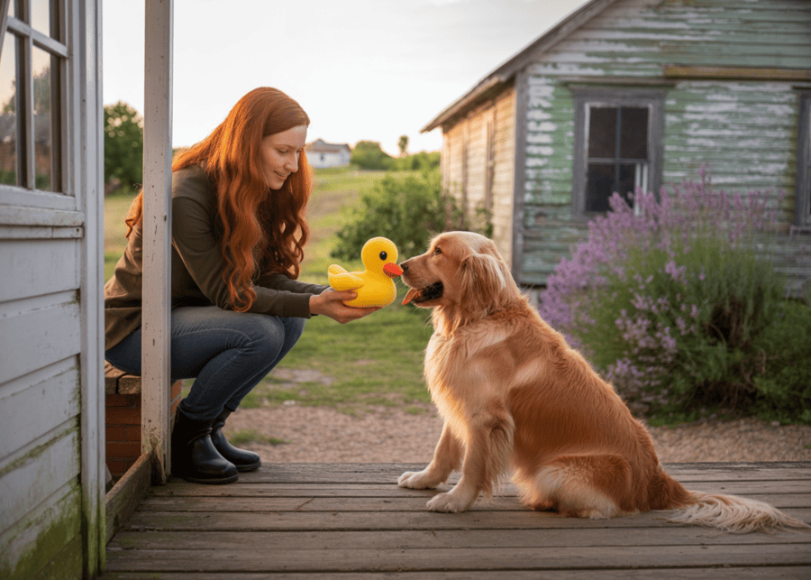 A person calmly leaving a dog with a special toy