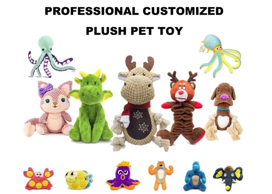 A variety of custom plush dog toys being manufactured in a Chinese factory.