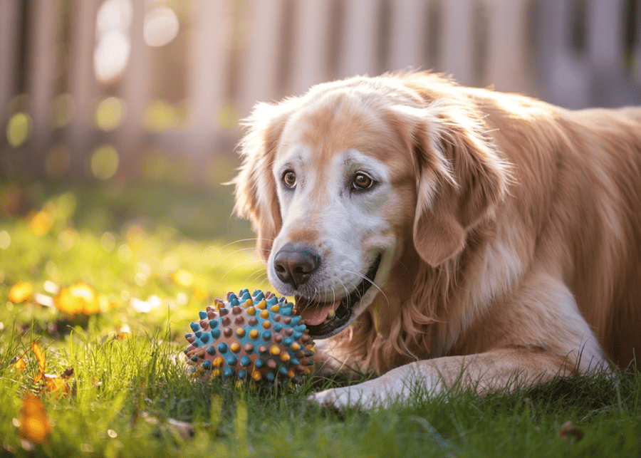 A close-up of a durable, textured rubber toy suitable for blind dogs.