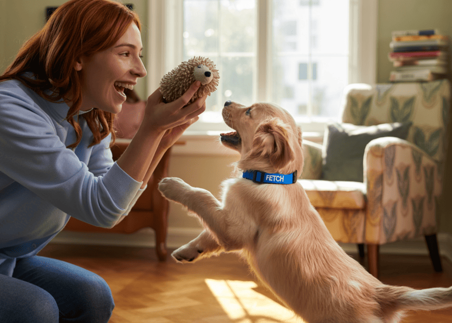 A person playing with their puppy using an interactive toy