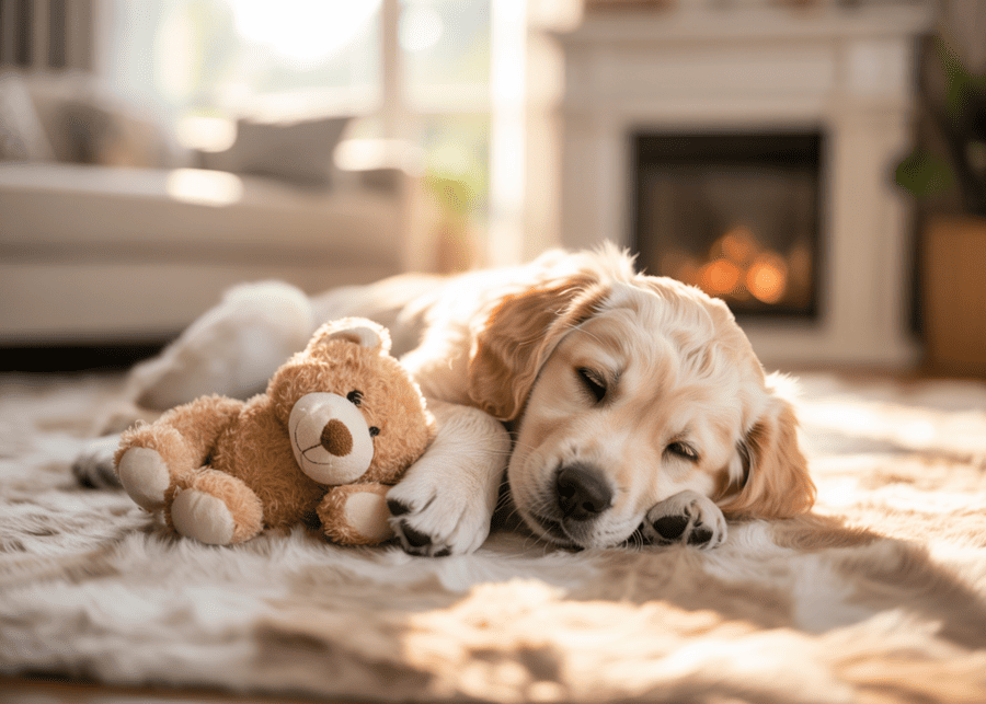 A puppy sleeping and cuddling with a soft plush toy