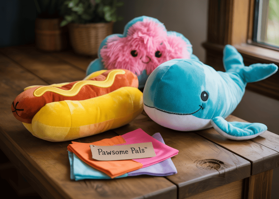 A collage of different custom plush dog toys in various shapes and colors.