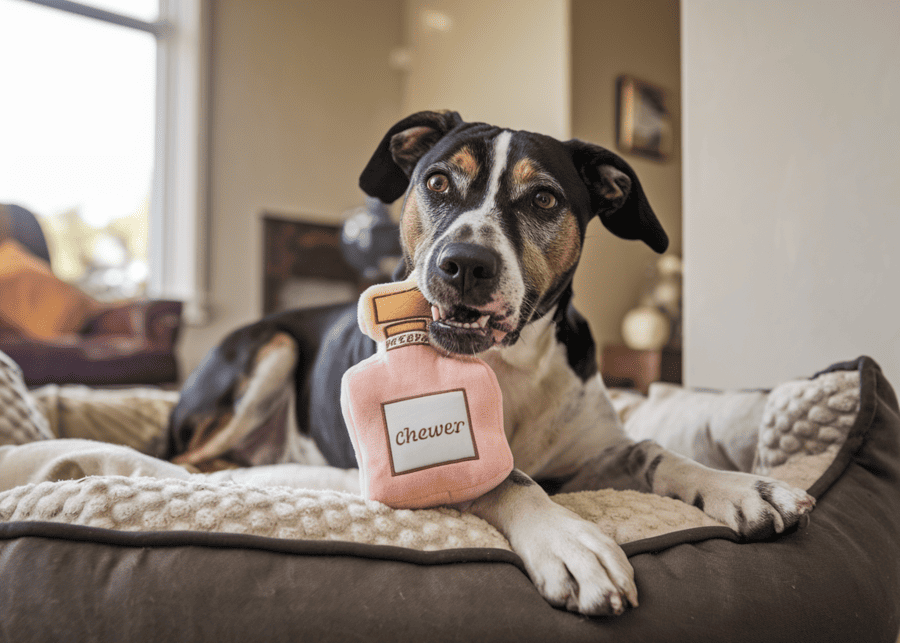 A custom-designed plush dog toy shaped like a popular product, held by a happy dog.