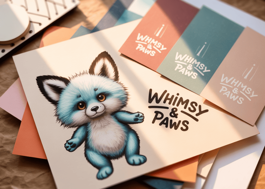 A mood board showing a brand's colors and logos next to a sketch of a custom plush toy.
