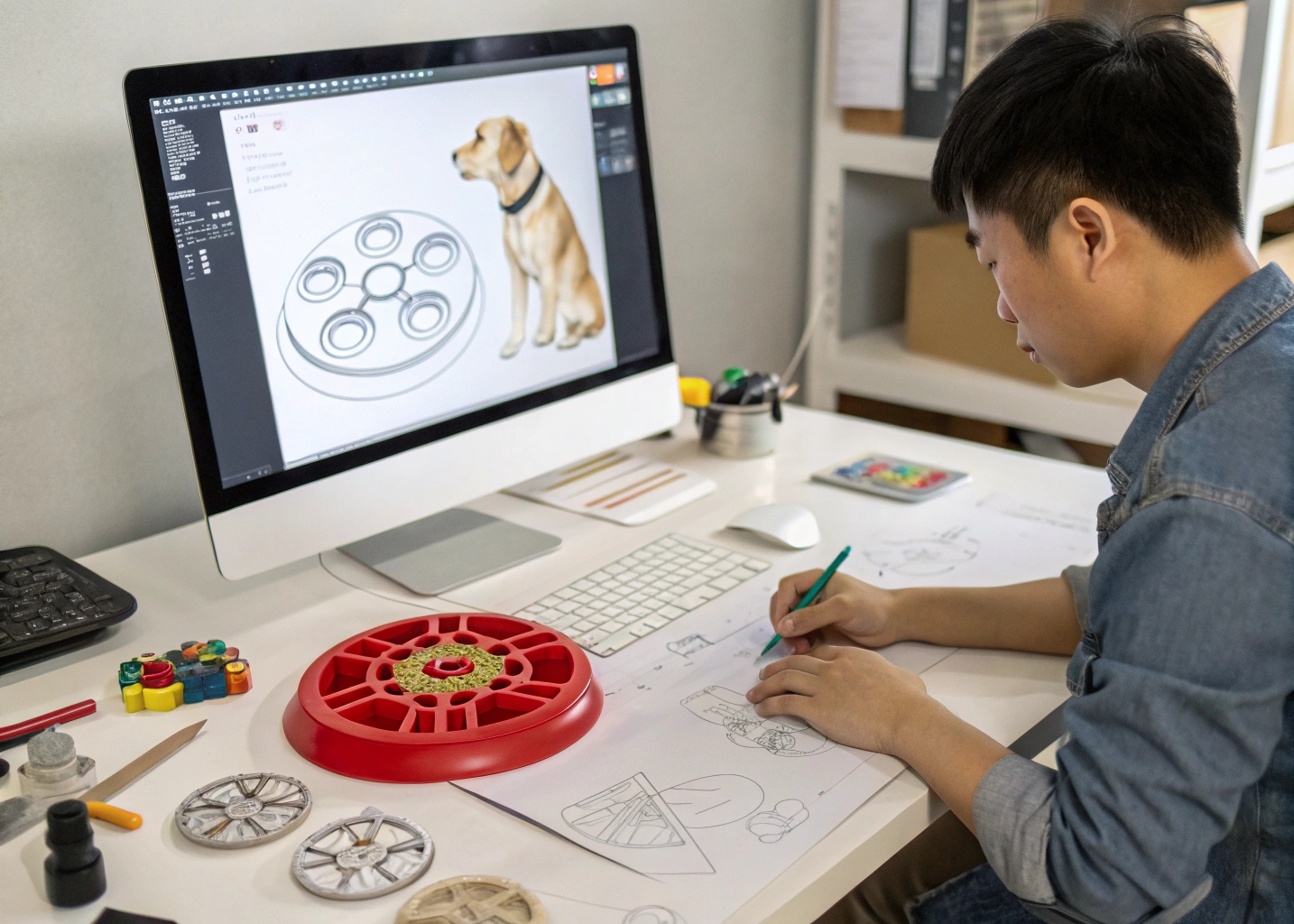A designer sketching a custom pet toy on a tablet