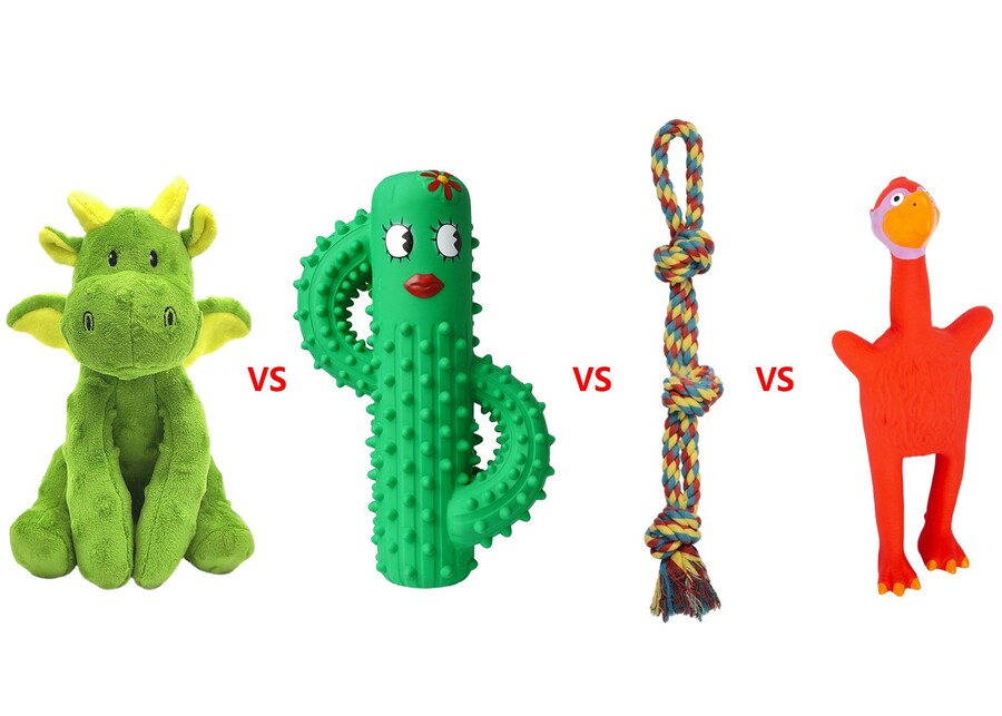 A side-by-side comparison of different dog toy materials: plush fabric, TPR rubber, nylon, and cotton rope
