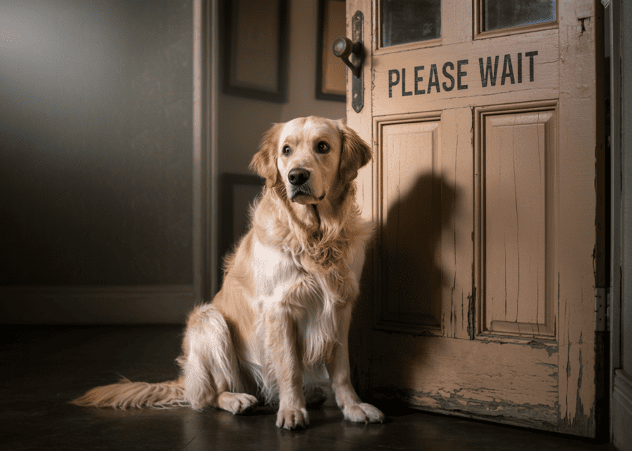 A dog looking anxious by a door