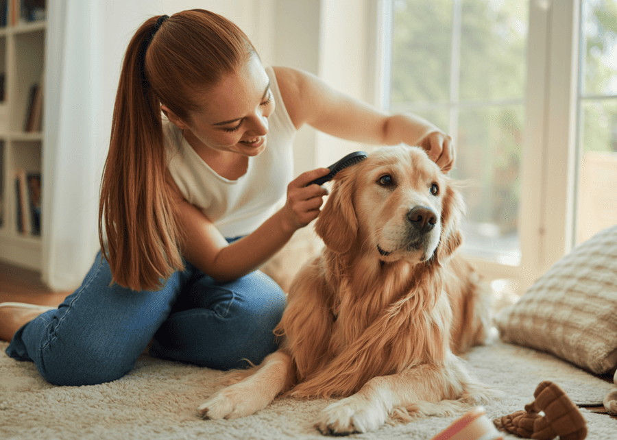 A person happily grooming a golden retriever in a home setting.