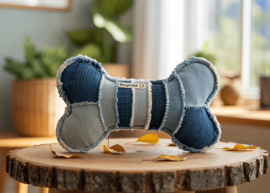 An eco-friendly dog toy made from recycled materials.