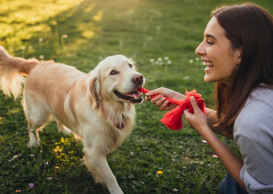 A happy dog and owner playing tug-of-war in a sunny park.