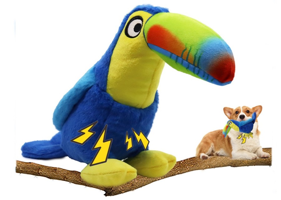 A happy dog playing with a colorful plush toy