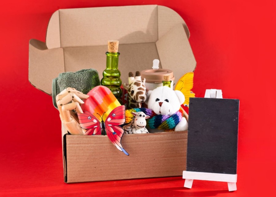 A collage of images showing a dog's profile (breed, size, allergies) and the curated box of toys and treats that match.