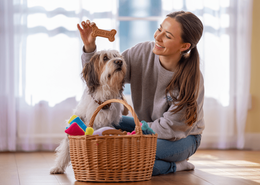 A person holding a treat over a dog toy basket to encourage their dog.