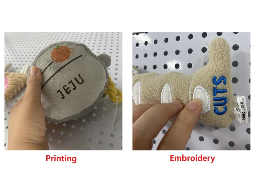 a comparison of an embroidered logo and a printed logo on a plush toy