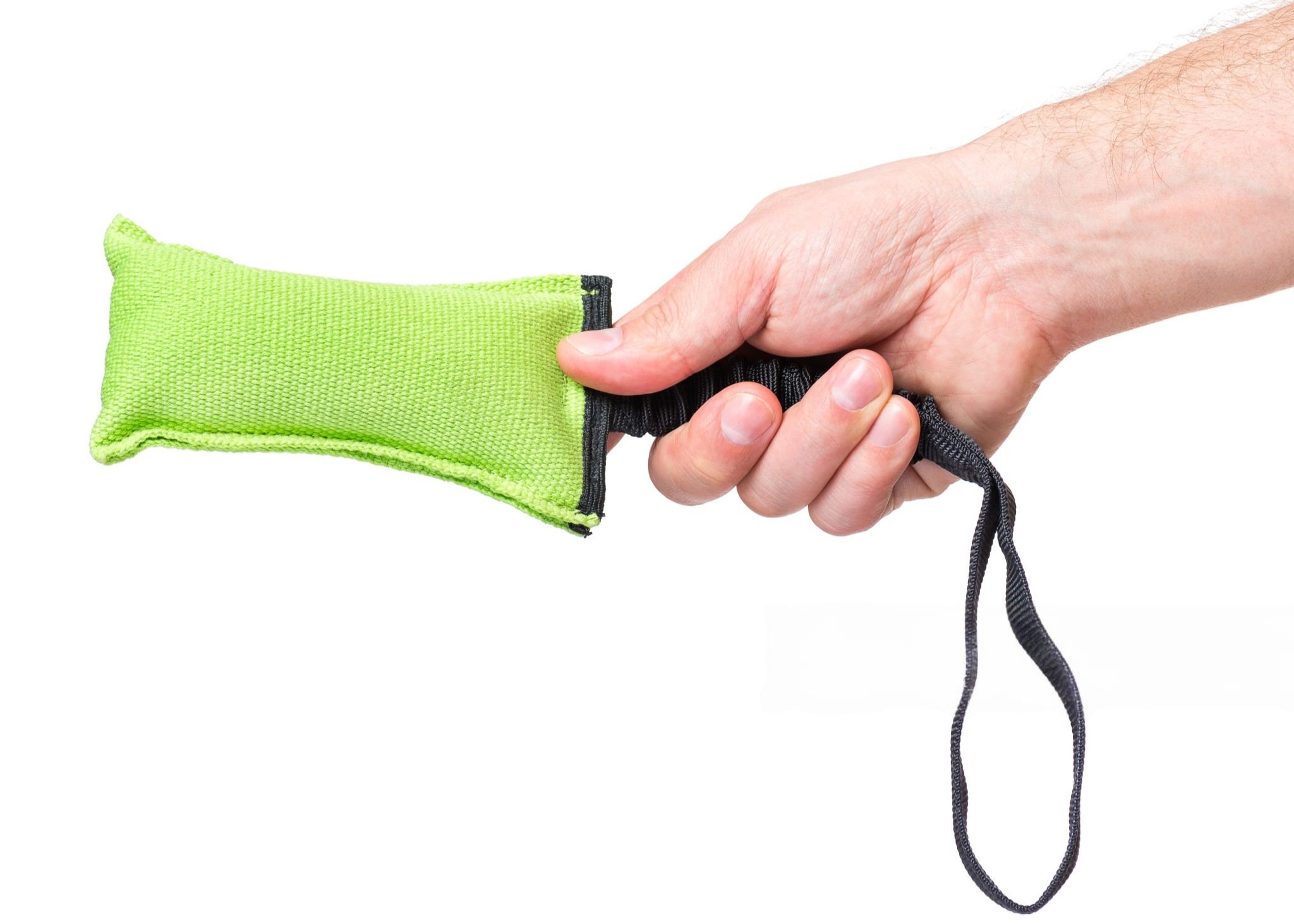 A custom-designed dog tug toy held by a person.