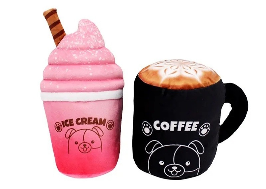 A custom-designed squeaky toy next to the product it's based on