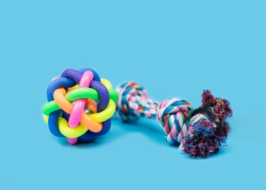 A rubber toy and a rope toy side-by-side for comparison.
