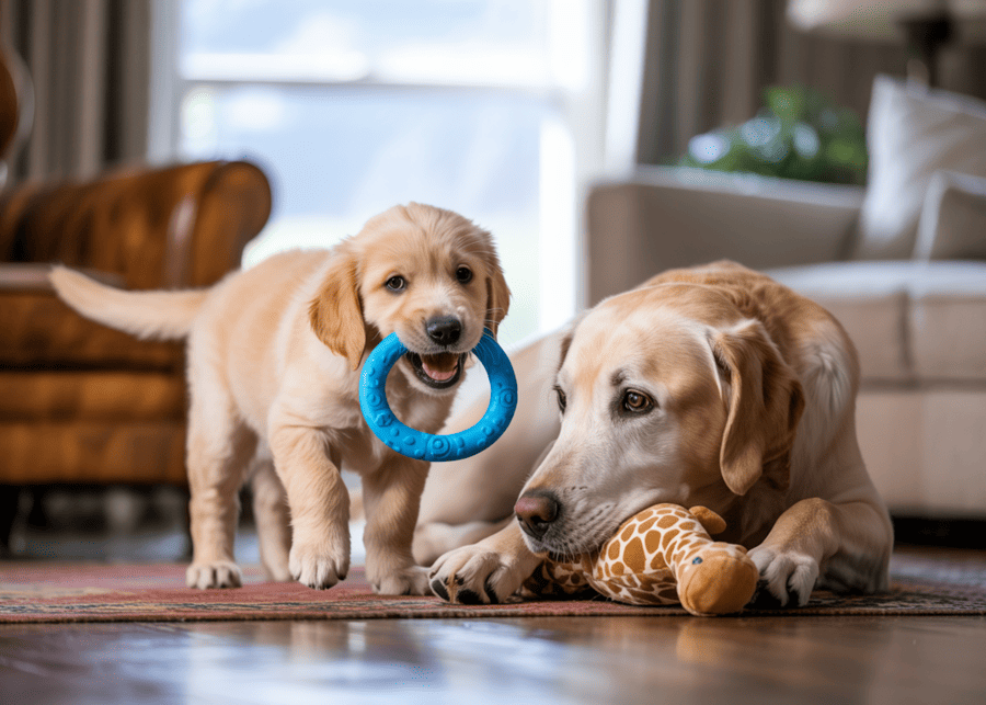 A puppy chewing a teething toy next to a senior dog with a soft plush toy