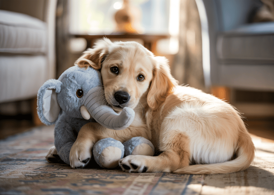 A dog cuddling with its favorite stuffed animal