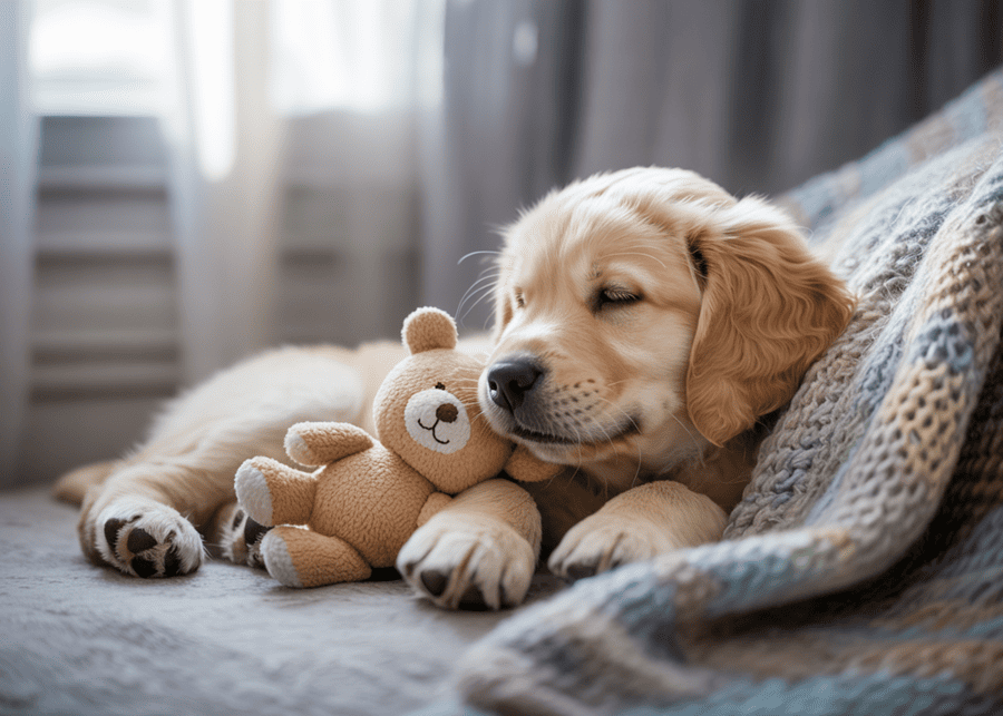 A sleeping puppy cuddling with a soft plush animal toy.