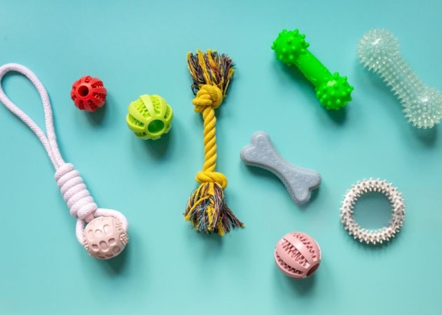 A collection of colorful puppy teething toys.