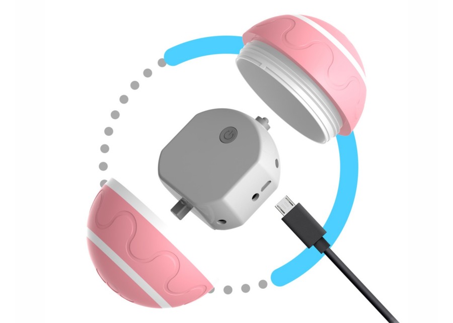 an exploded view of a moving dog toy showing the internal components like motor and battery