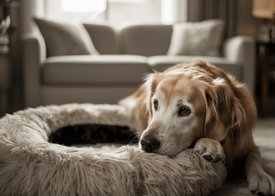 A sad-looking dog lying next to an empty space in its bed where a toy used to be.