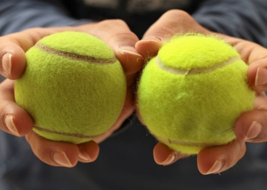 A side-by-side comparison of a regular tennis ball and a dog-safe tennis ball.
