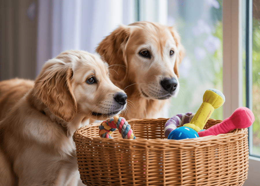 Two dogs looking at a single large toy basket filled with toys.