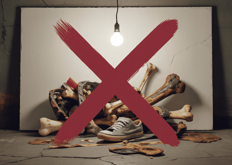 A red "X" over a picture of cooked bones, rawhide, and a shoe.