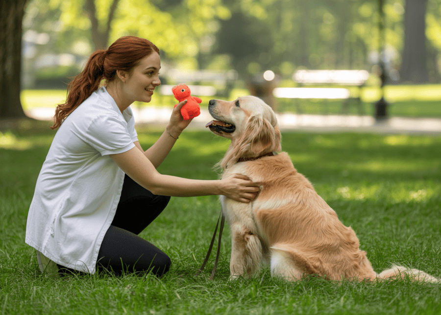A person teaching a dog to 'sit', holding a squeaky toy ready to use as a reward.