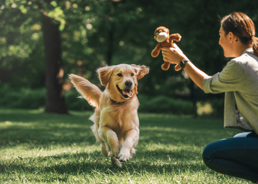 A dog running happily towards its owner who is holding a special squeaky toy in a park.