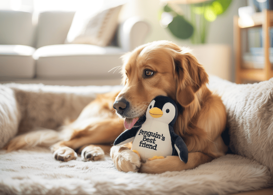A female dog cuddling with a small, soft plush toy in her bed.