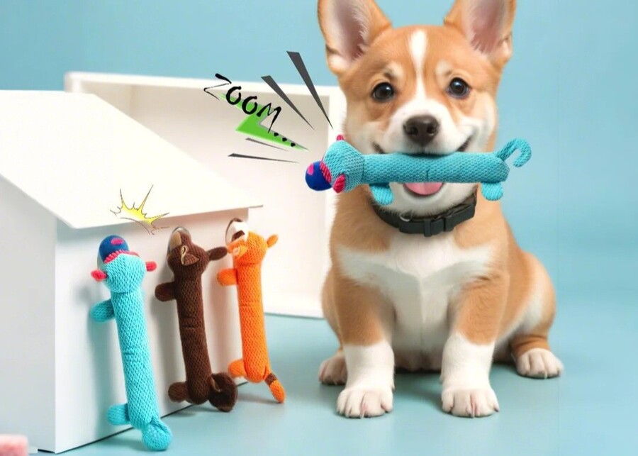 A cute corgi puppy with a colorful interactive long dog toy for wholesale/OEM.