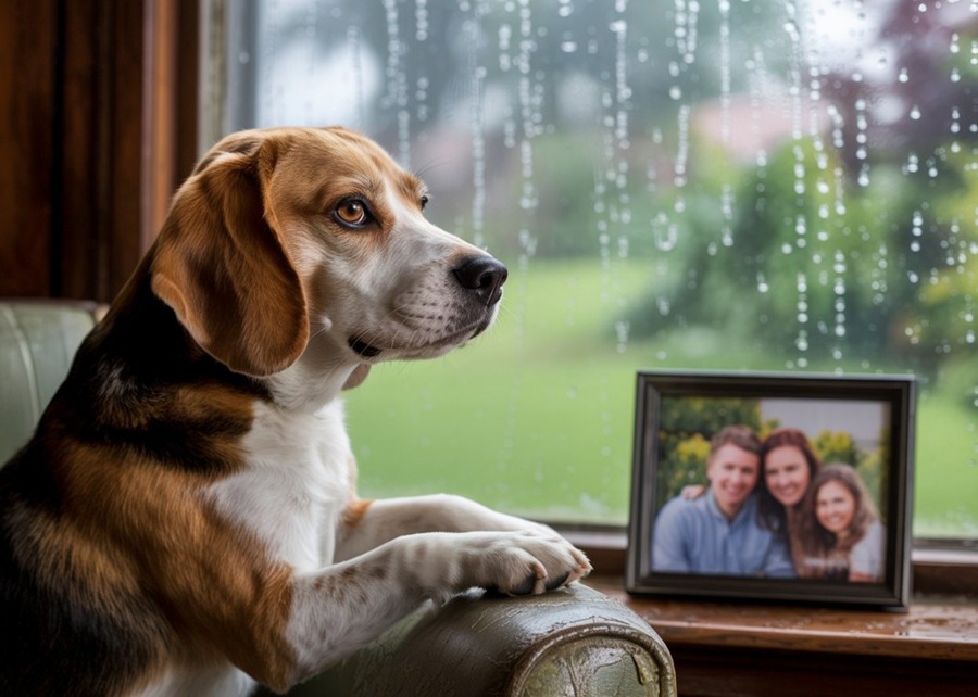 A beagle looking listlessly out a window on a rainy day.