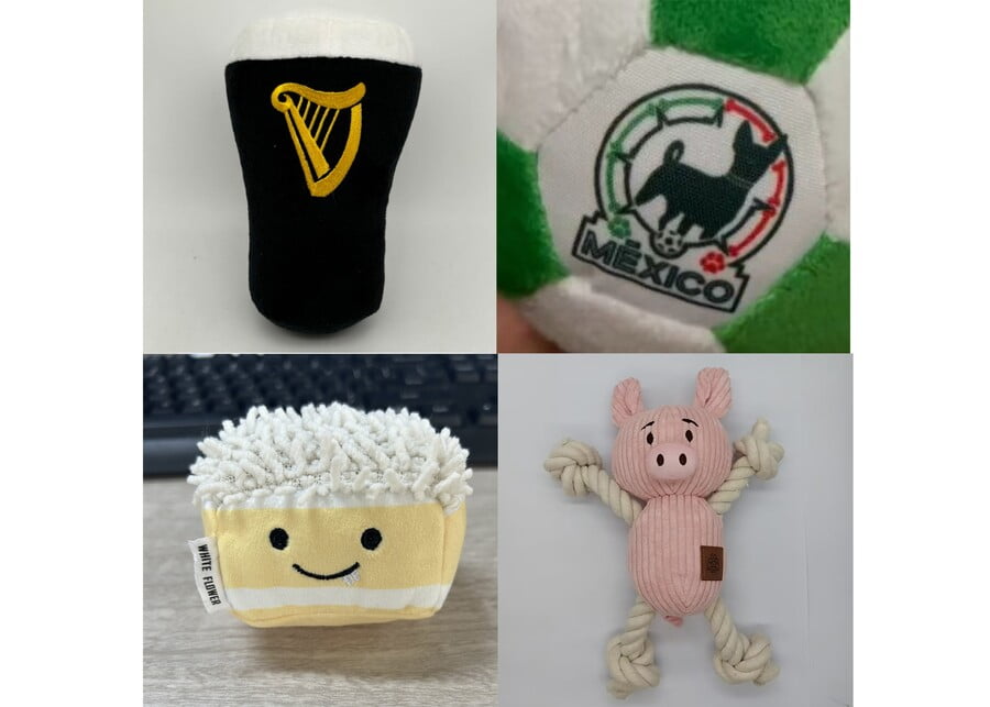 Close-up shots of different logo applications: embroidery, woven label, molded logo.