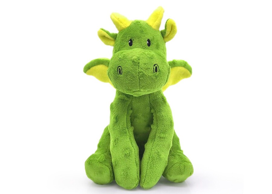 A classic plush dog toy in the shape of a bone with a visible squeaker inside.