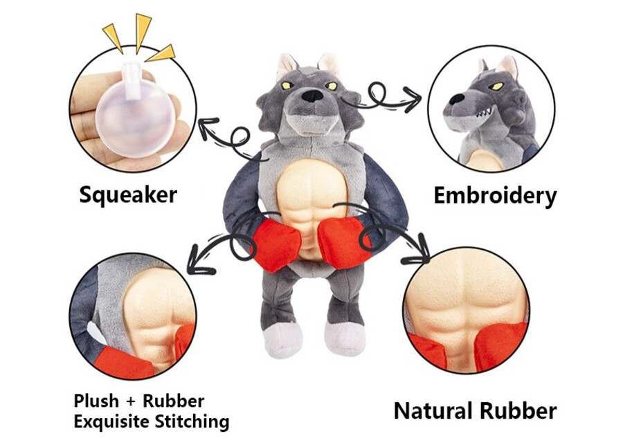 Custom boxing wolf toy combining plush and rubber, a durable hybrid dog toy.