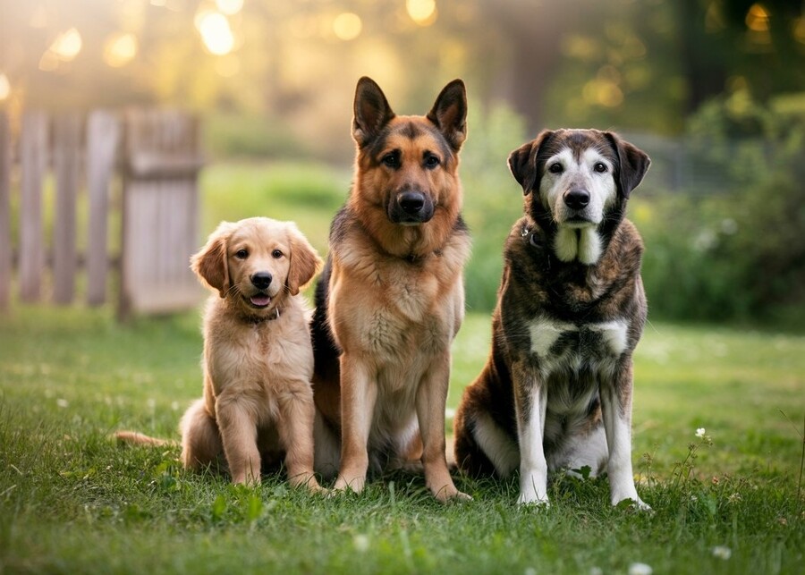 A puppy, an adult dog, and a senior dog side-by-side